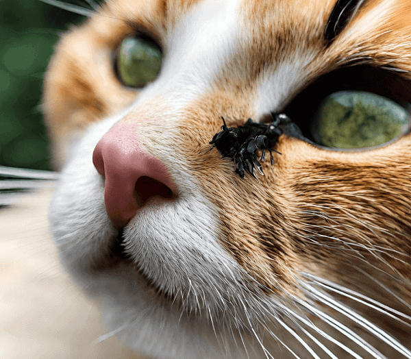 Bee near a cats nose.