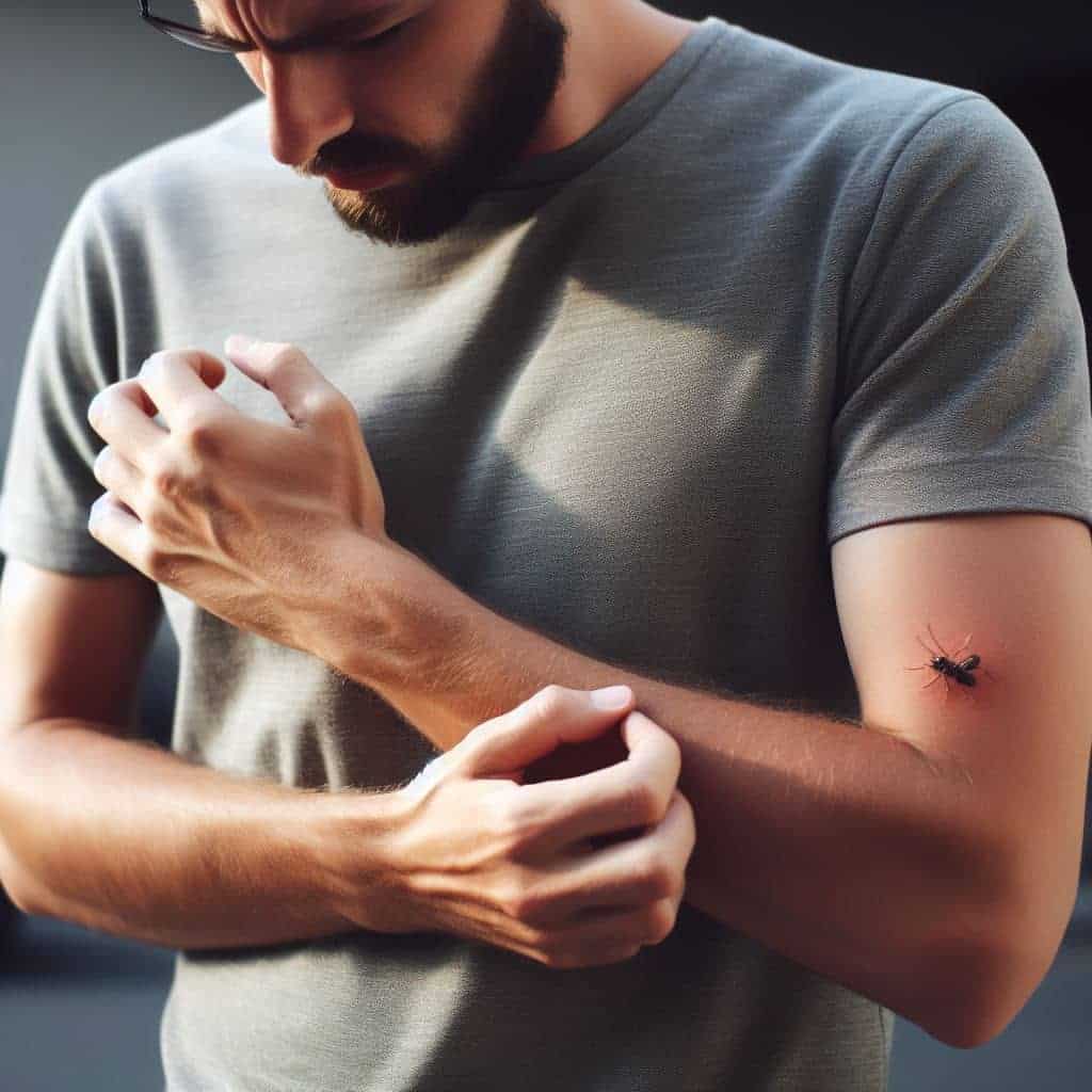 A man itching his arm after a bee sting